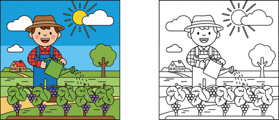 Naklejka premium Farmer watering grapes in a vineyard illustration, colored and black and white outline for kids coloring book, rural farm landscape with cute boy character, vector design for education.