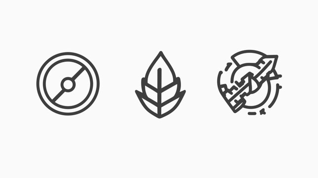 Three simple black line drawings of icons. One is a circle with a line through it, a leaf, and a rocket