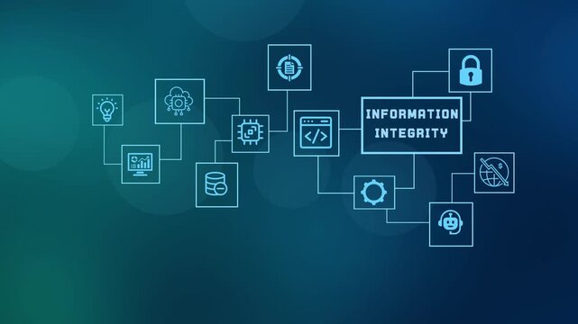 Digital information integrity and data security concept with technological icons showing protected database and encrypted network communication.