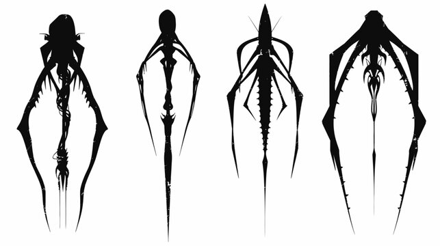 Four silhouetted, stylized, spindly alien creatures on a white background