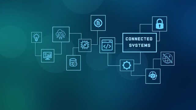 Abstract technology background of connected systems with digital node icons representing internet of things IoT and smart network infrastructure.