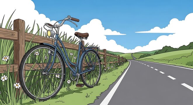 Bicycle parked on rural roadside grass.