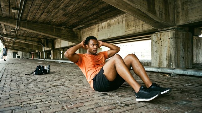 Male Runner Doing Sit ups Under Bridge in Urban Environment