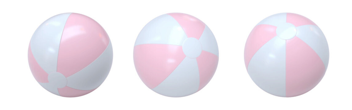 Vector set of realistic 3D rendered beach balls. Three inflatable water balls in soft pastel pink and white. Colorful striped beach balls shown from different angles, isolated.