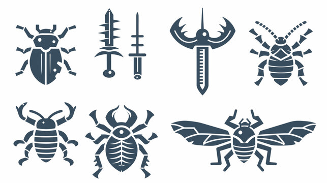 Dark teal graphic symbols depict bugs, swords, and fantasy weapons on a white background