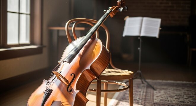 Acoustic Cello Rests on a Wooden Chair in a Sunlit Room with Music Stand.