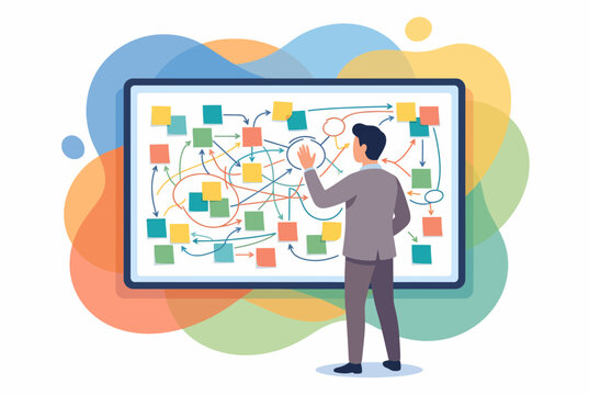 Professional analyzing complex workflow on digital whiteboard hub