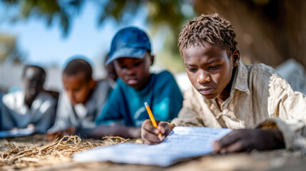 African children writing in notebooks during an outdoor school lesson under tree shade