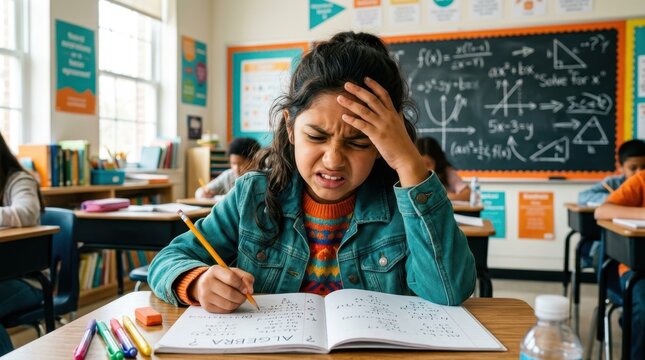 Young student struggling with difficult math homework in a classroom setting