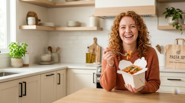 Happy woman with curly red hair enjoying a delicious pasta meal from a takeout container