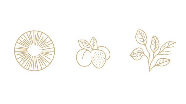 A collection of three elegant, minimalist line art illustrations in a warm, earthy gold hue on a white backdrop