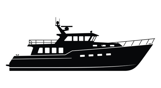 A stark black silhouette depicts a modern luxury yacht at sea showcasing its sleek design and form