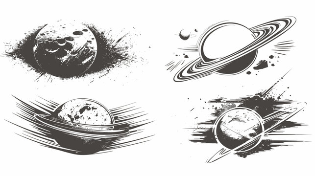 Four monochrome planets with rings and asteroid debris, vector illustrations, space