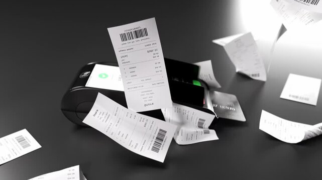 POS Terminal Surrounded by Scattered Receipts &ndash; High Expense and Spending Concept, 3D Render