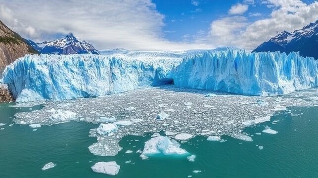 Massive glacial ice shelves breaking away into turquoise water under a dramatic sky