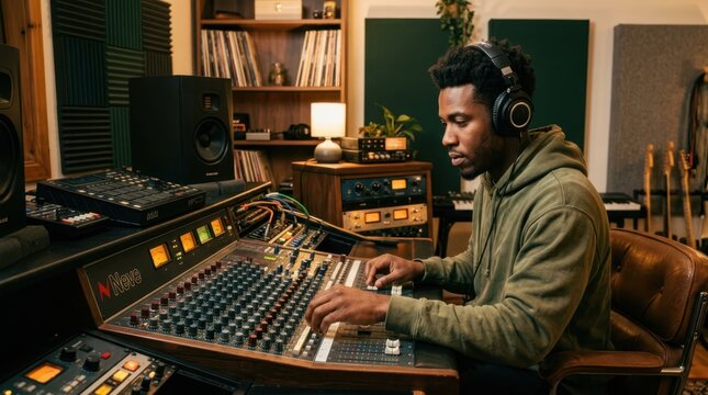 Man in headphones mixing audio on a professional soundboard in a studio