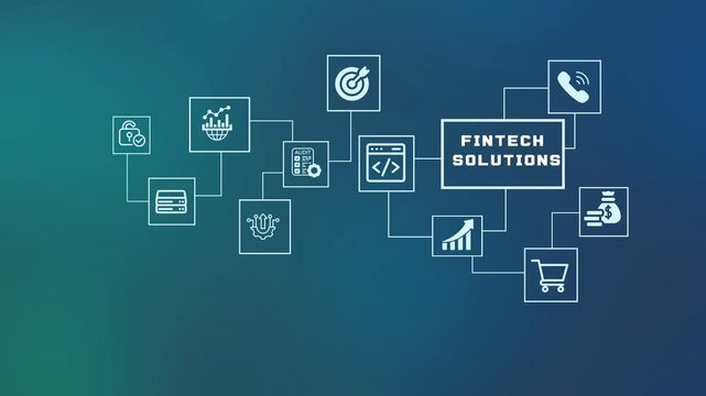  Fintech solution and digital banking concept with icons for financial technology, online payments, mobile investment, and wealth management.