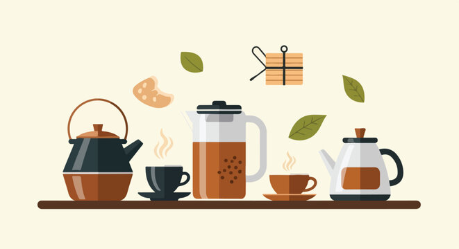 This vector illustration depicts a cozy tea time scene with various teapots, cups, and floating tea leaves on a minimalist background.