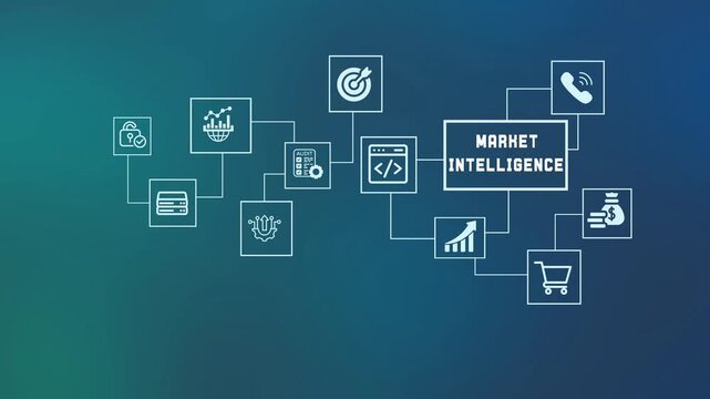  Market intelligence and consumer research concept with icons for global trends, data insights, strategic planning, and competitive analysis.
