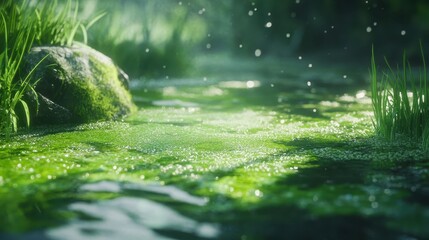Fototapeta premium Vibrant Algal Bloom Covering the Surface of a Rural Pond in Overcast Lighting