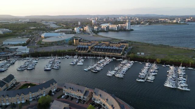 4K Aerial Shot of Penarth Marina, River Ely, and Cardiff City Centre &ndash; Wide Angle View