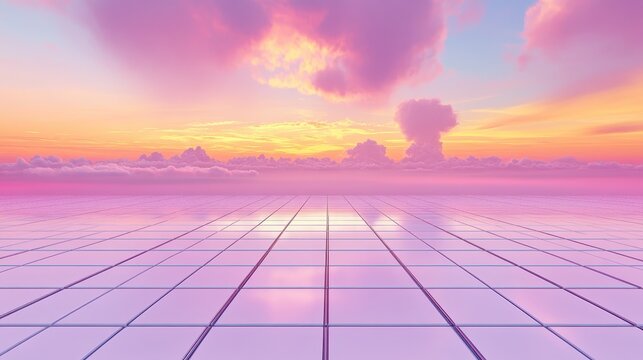 Vast Pink and Orange Sunset Sky Over Reflective Grid Floor