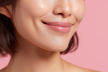 Obraz premium Young woman close up smile with glowing cheek and smooth skin on pink background evoking warmth and confidence