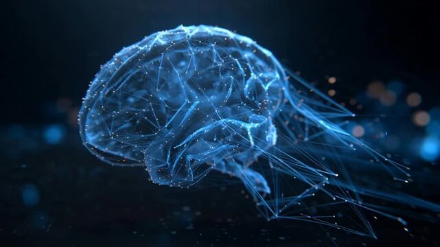 A translucent blue human brain x-ray floats like a glowing medusa creature through the deep dark ocean water as an abstract marine life form