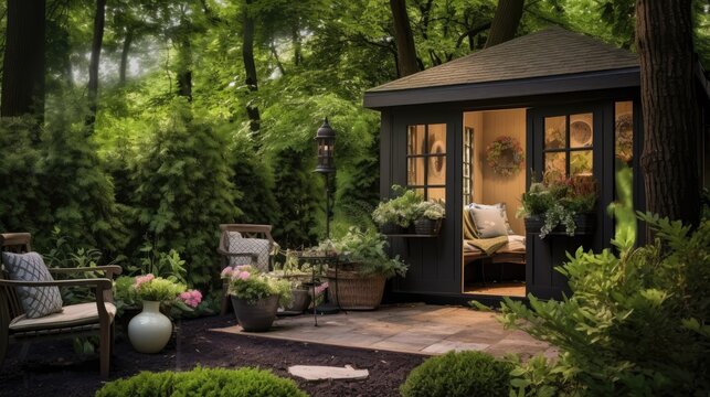 Our image features a garden shed against a lush green backdrop, portraying an idyllic retreat.