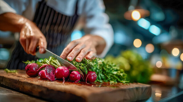 Chef chopping fresh radishes and herbs on a wooden cutting board in a professional kitchen