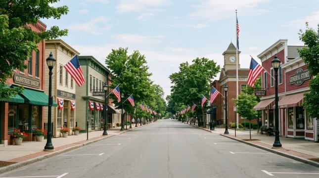 Charming American small town main street decorated with flags and trees