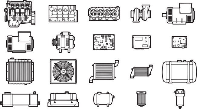 An array of engine components illustrated with intricate detail for technical documentation or design purposes, showcasing an essential element of modern machinery and its components.