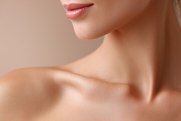 Obraz premium Smooth close up of upper chest bone ridge and neck skin detail with soft lighting, healthy hydrated complexion and elegant feminine contour conveying gentle calm and natural beauty