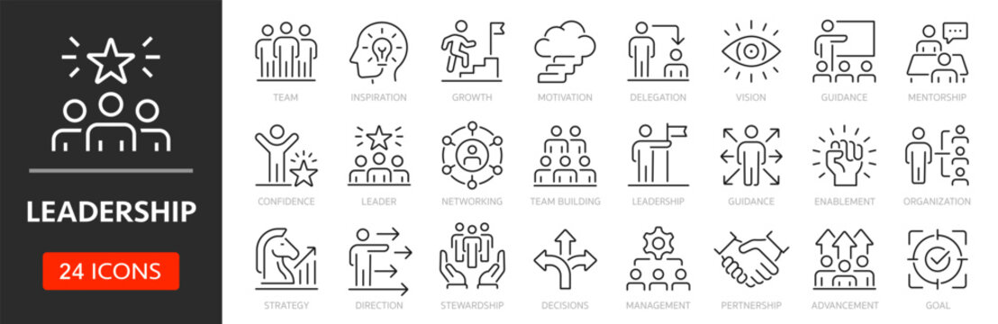 Leadership line icon set. Editable Stroke. Leader, team, direction, confidence, vision - stock vector.