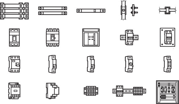 Illustrative electrical elements, encompassing an array of circuit breakers, fuses, and other vital components.