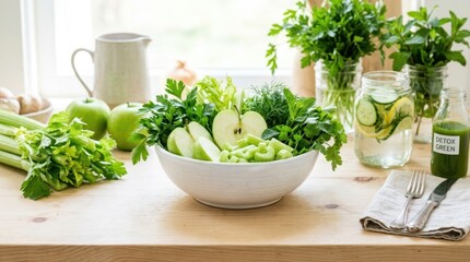 Fototapeta premium Fresh green ingredients for healthy detox juice and infused water on a wooden table