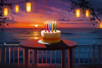 Fototapeta premium Sunset Celebration With Candles on a Cake at the Beach