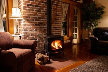 Naklejka premium Warm Flames Dance in a Cozy Living Room Next to a Comfortable Sofa and a Low Table