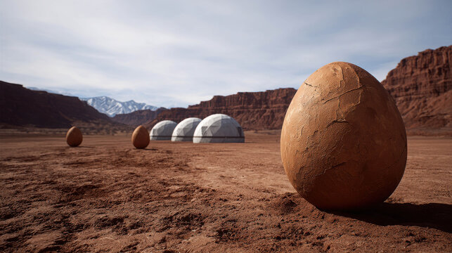 A surreal landscape of giant eggs placed in a desert landscape