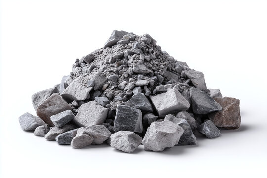 Pile of crushed stone and gravel in studio setting with clean lighting, varied rock sizes, rough texture and neutral tones conveying natural ruggedness and industrial material