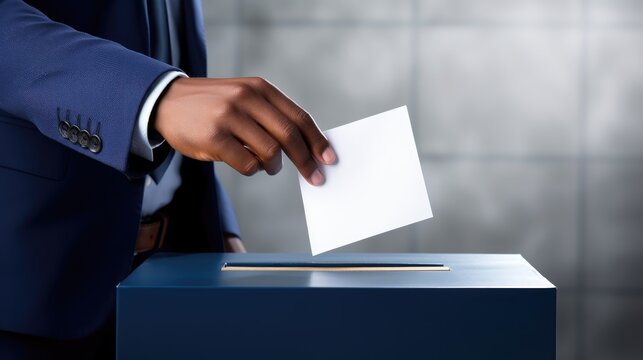 A voter places an envelope in a pristine ballot box, symbolizing civic duty and political engagement.