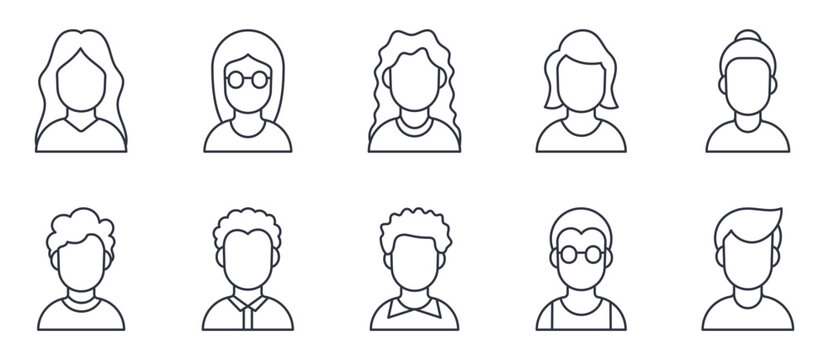 Vector icons avatar of diverse people profiles. Editable stroke line set. Simple user portraits with different hairstyles and glasses. For social media, contacts, community and team members.