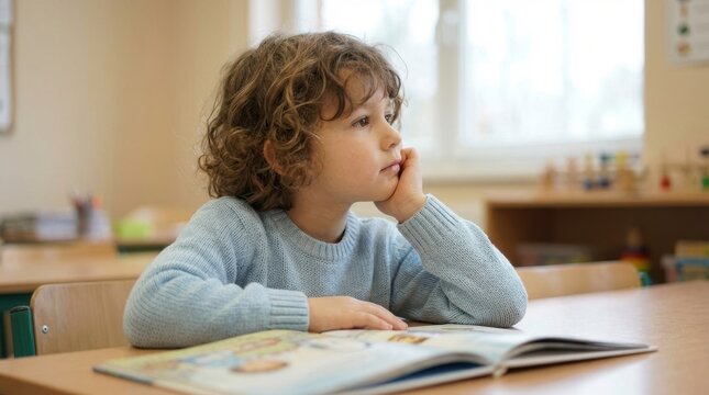 Young boy with curly hair lost in thought while sitting at a desk with an open book