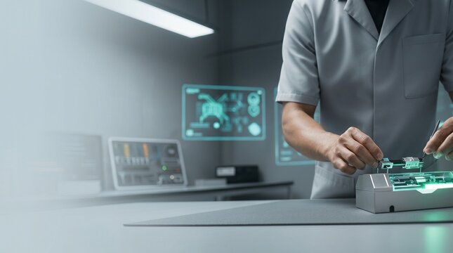 Technician in lab coat uses tools to adjust a glowing circuit board on a test device at a workbench, with blurred monitors showing interface graphics in the distance