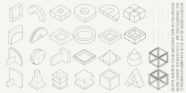 Isometric geometric shapes arranged in a grid showcasing various three dimensional forms