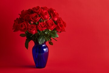 Fototapeta premium Roses in a Blue Vase With Red Background Creating a Striking Visual Display