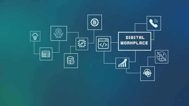  Modern digital workplace concept showcasing remote work technology icons and cloud-based collaboration network flowchart.
