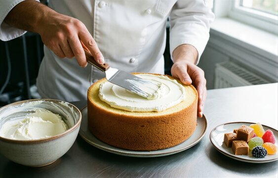 Cassata cake with white frosting, fresh fruits, creamy vanilla ice cream. Concept of dessert preparation highlighting sponge cake with ricotta marzipan fruit.