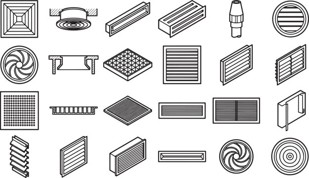 A comprehensive collection of air vents and grilles rendered in a clean, minimalist style suitable for architectural and industrial applications.