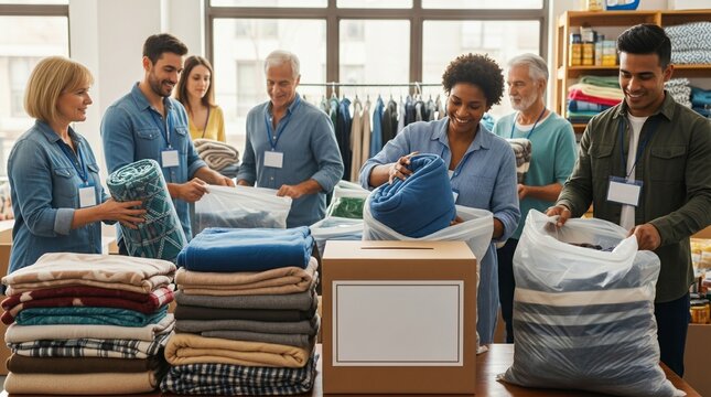 Volunteers sort folded blankets and clothing at a donation center, smiling while packing bags and boxes; shelves and hanging garments fill the busy room